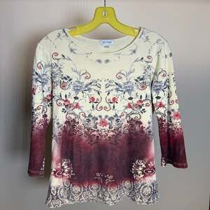 Vintage DB Sport Floral Ombre 3/4 Sleeve Top - Cream & Burgundy - Size M
